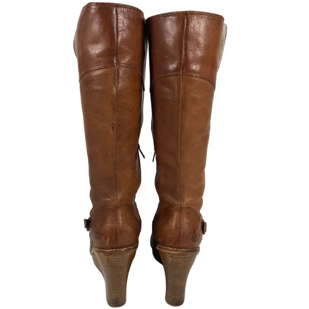 Ugg Wedge Boots Brown Leather Sheepskin Lining Women's Size 9.5